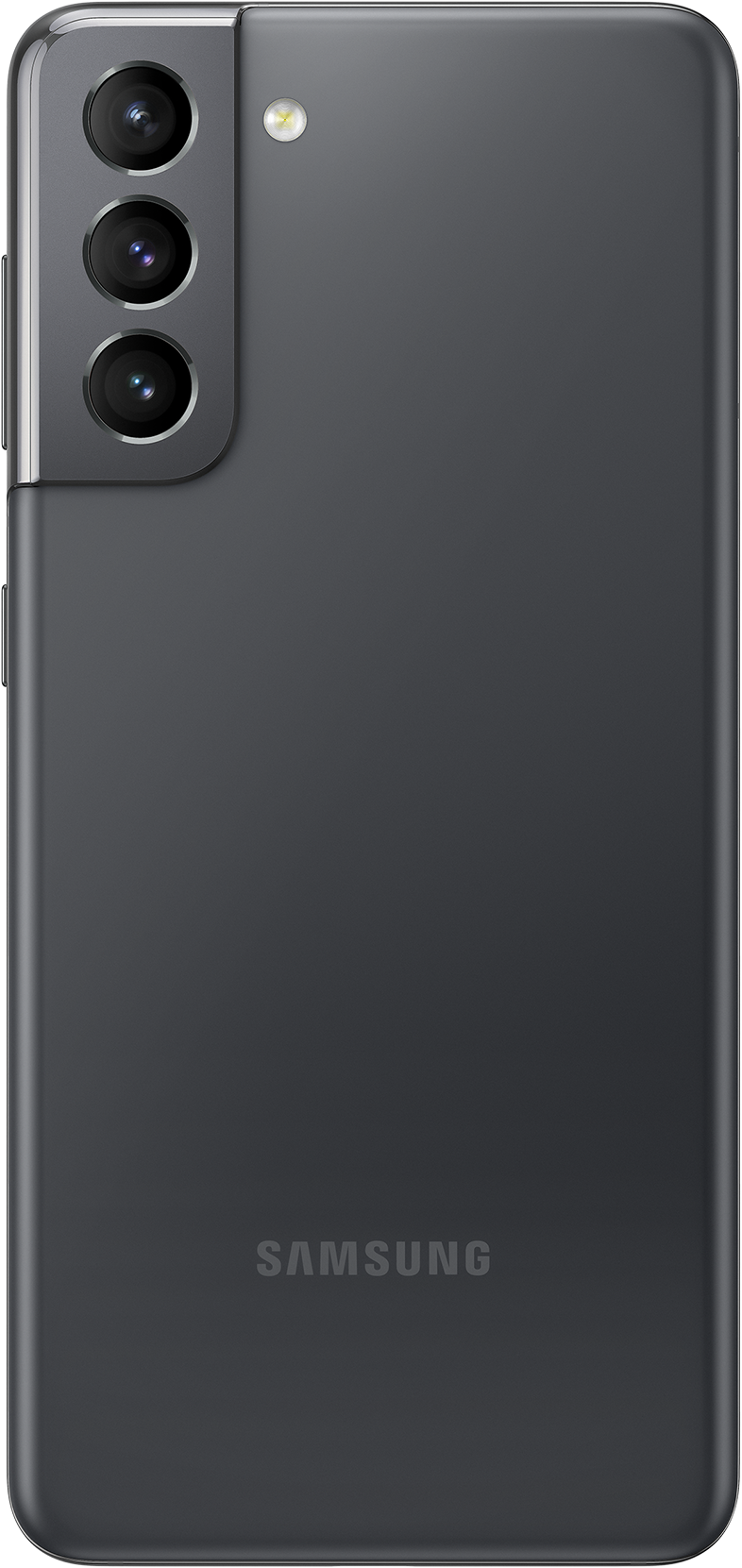 Egy sötétszürke Samsung telefon hátulnézete, három kamerával.