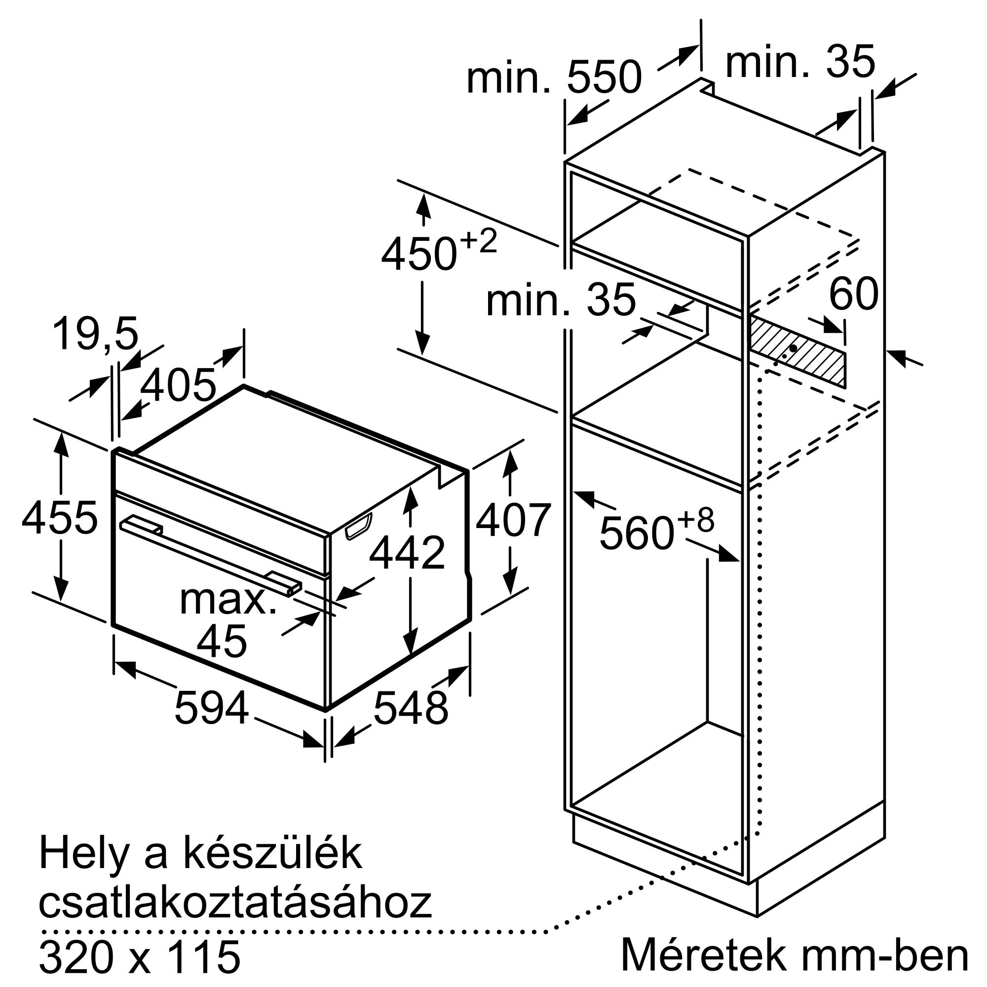 Beépíthető sütő diagramja, milliméterben megadott méretekkel. Fekete-fehér séma.
