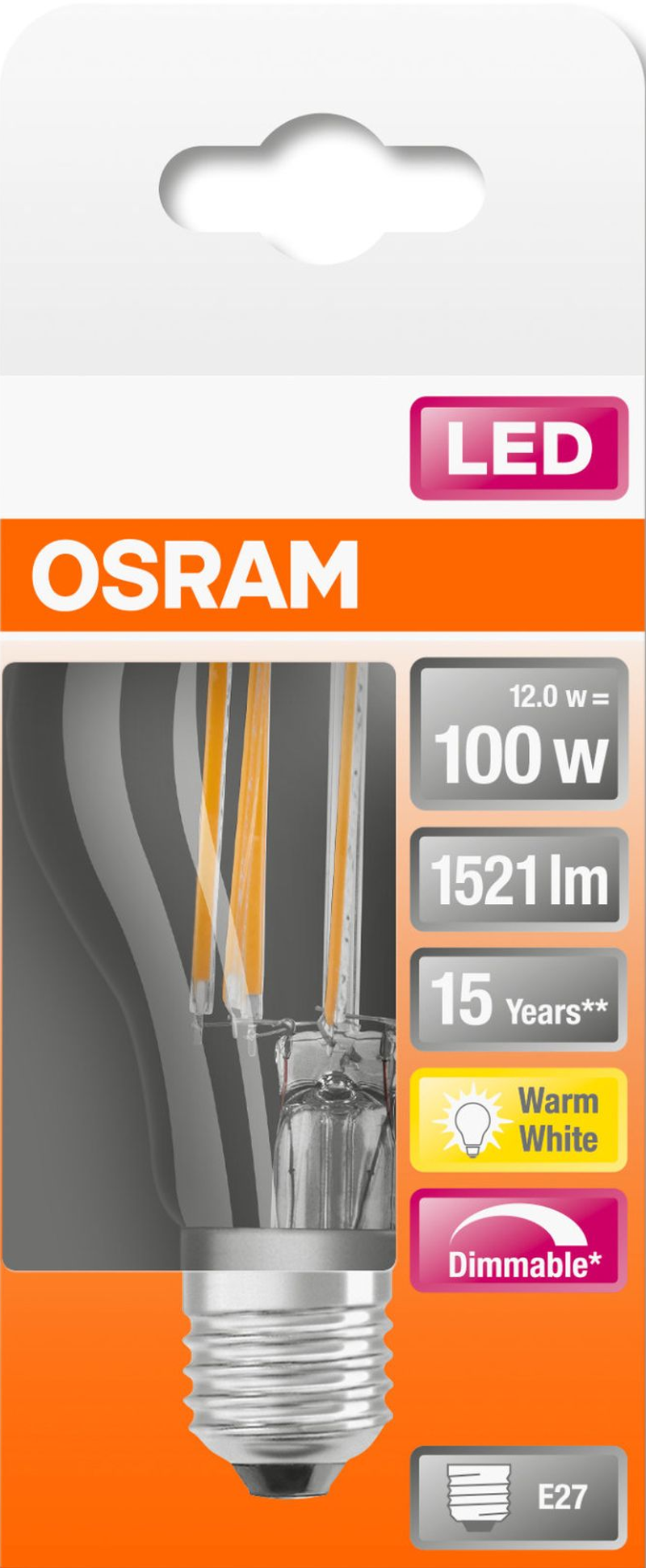 Eine OSRAM LED-Glühbirnenverpackung, die die Glühbirne und Beleuchtungsspezifikationen zeigt.
