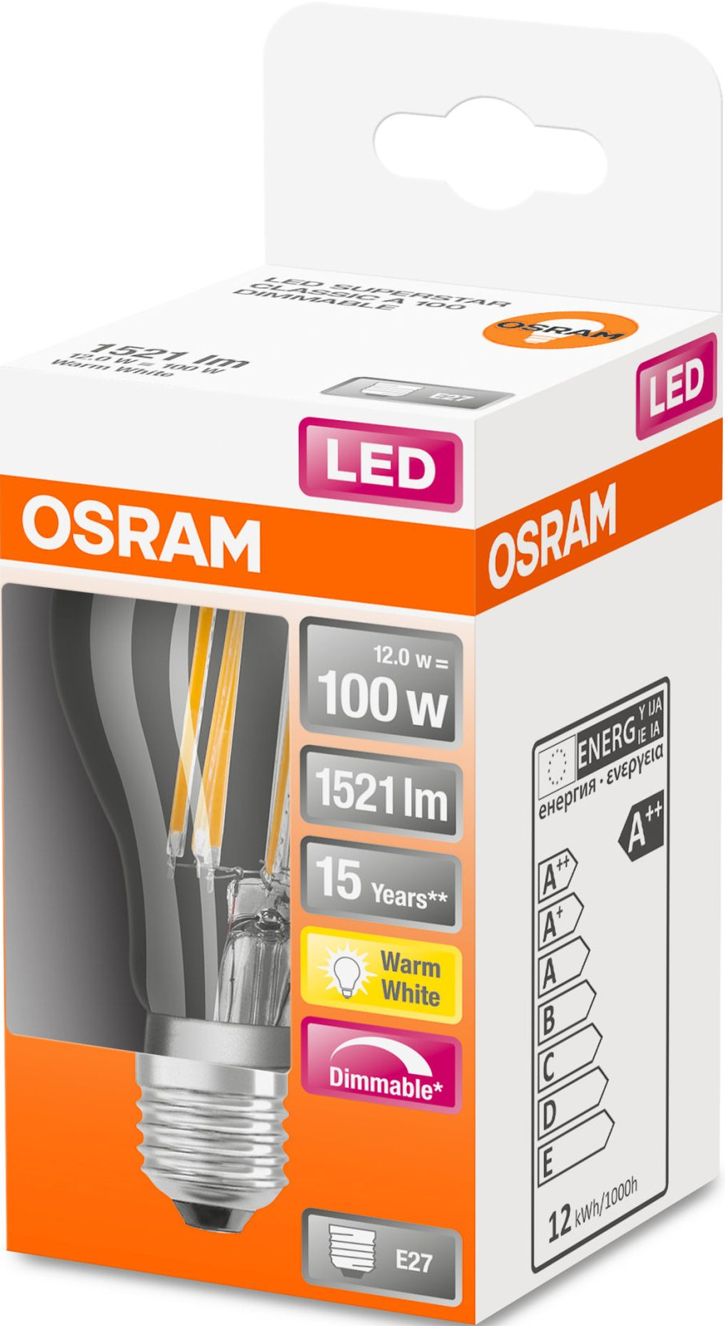 Eine Schachtel einer Osram LED-Glühbirne mit sichtbarem Glühfaden, die 100W-Äquivalent zeigt.