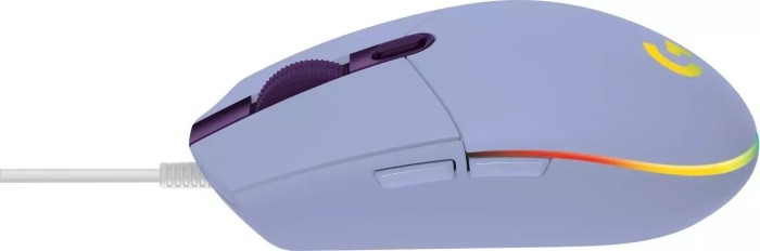 Eine lila Gaming-Maus mit weißem Kabel und farbenfroher Beleuchtung.