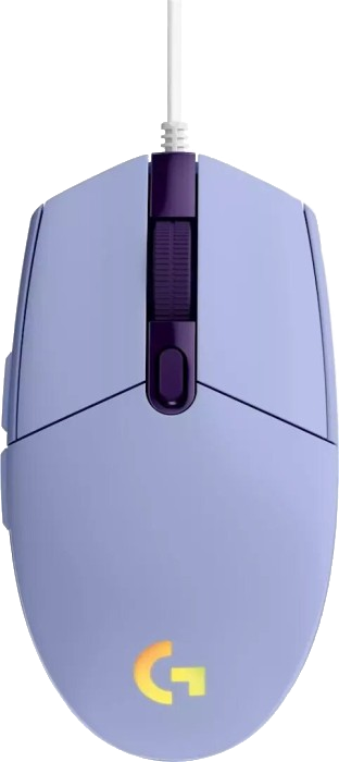 Lila-weiße Gaming-Maus, Draufsicht. Scrollrad und Logo sichtbar. Weißes Kabel angeschlossen.