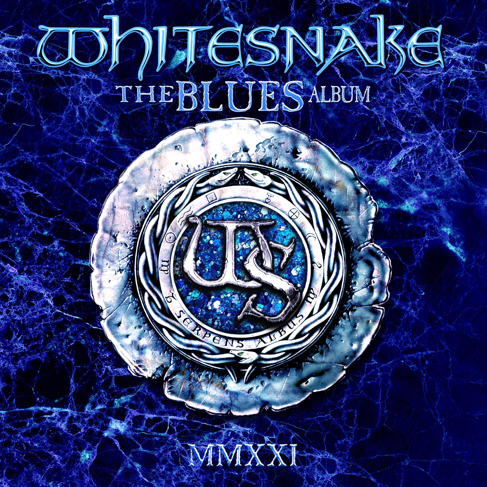 Albumcover: Whitesnake-Logo, blauer Hintergrund mit strukturiertem, silbernem Design.