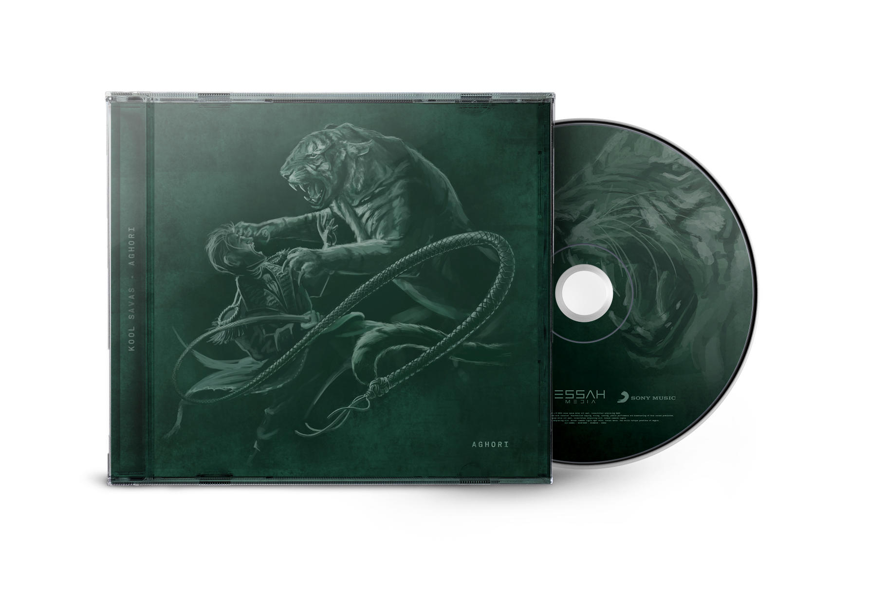 CD-Hülle: Tiger greift Person an. Grüner Hintergrund. CD rechts, ebenfalls grün.