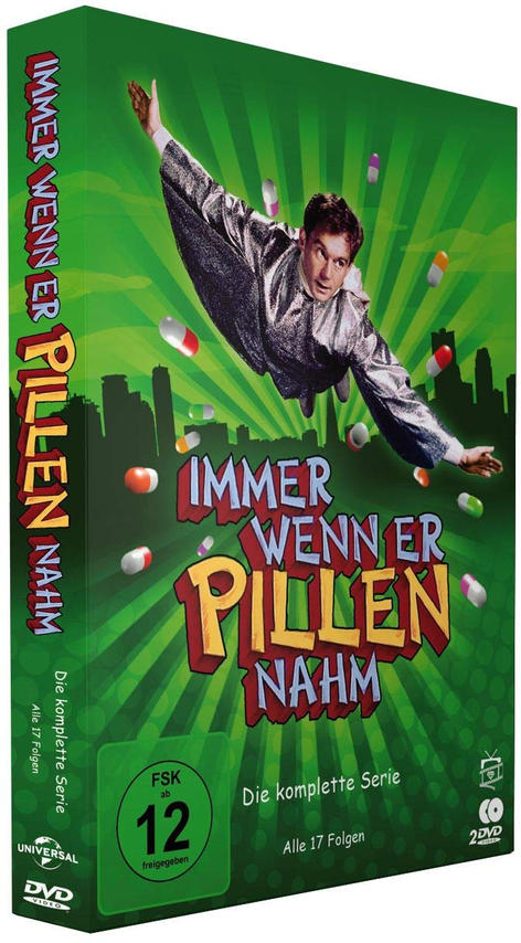 DVD-Box-Set. Ein Mann fliegt mit Pillen. Grüner Hintergrund mit Titeltext und Stadtsilhouette.