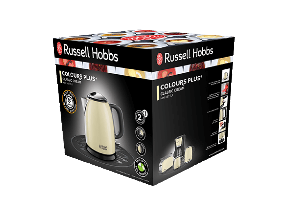 Una caja con una tetera Russell Hobbs, con texto e imágenes.
