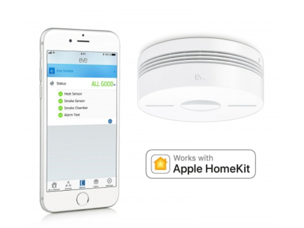 Detector de humo - El Gato TV Eve Smoke,2.4 GHz, Bluetooth, Batería incorporada, Apple HomeKit, Blanco