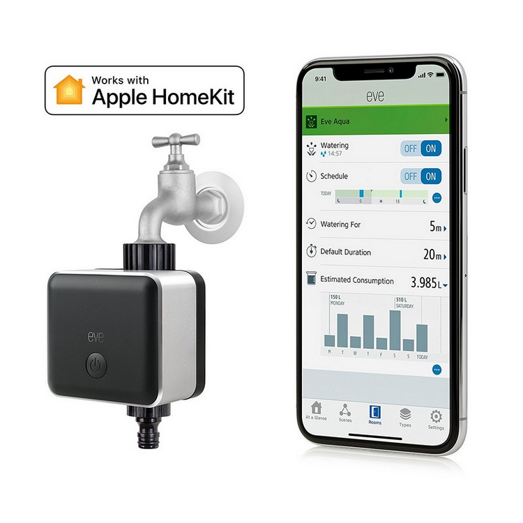 Controlador inteligente de riego - El Gato TV Eve Aqua, Apple HomeKit, Control voz, IPX4, Temporizador, Negro