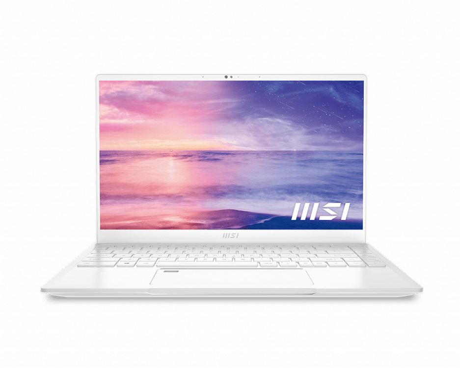 Laptop blanco con pantalla colorida mostrando un paisaje.