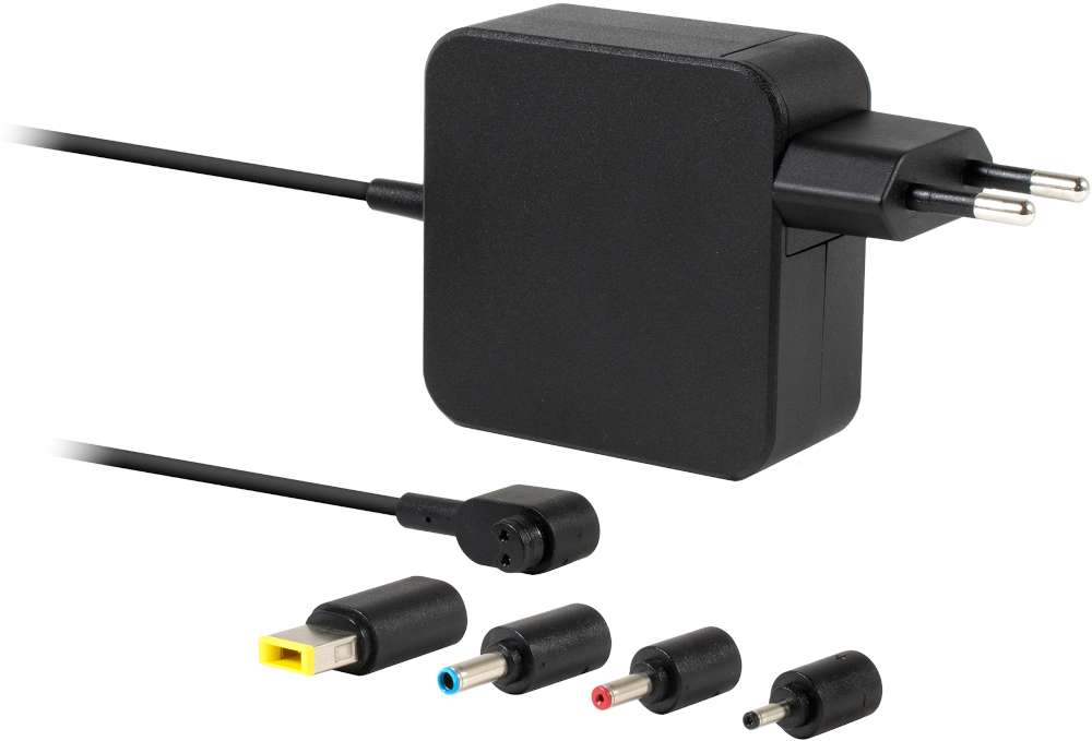 Zwarte laptopvoedingsadapter met meerdere connectortips en kabel.
