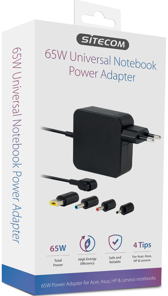 Doos van een 65W universele notebook-stroomadapter. Meerdere connector tips zichtbaar.