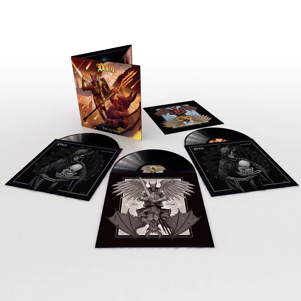 Dio albumkészlet album borítóval és bakelit lemezekkel tokban. Egy démon és egy angyal látható.