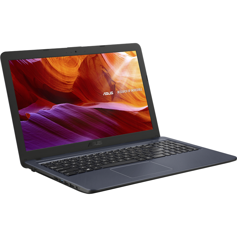 Koyu mavi dizüstü bilgisayar, açık, ekranda renkli bir dağ arka planı gösteriyor.