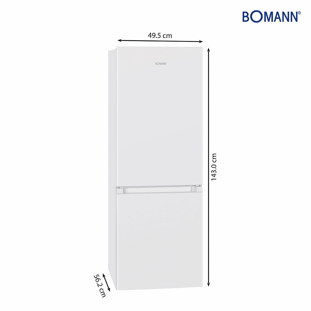 Ein weißer BOMANN-Kühlschrank mit angezeigten Abmessungen, vor weißem Hintergrund.