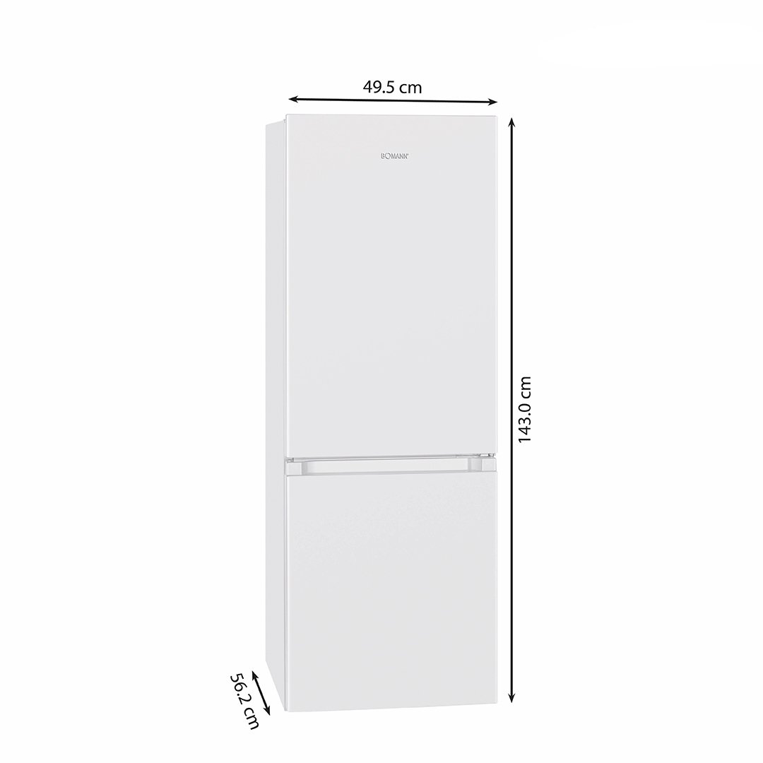 Weißer Kühlschrank mit sichtbaren Abmessungen. Tür und untere Schublade geschlossen.