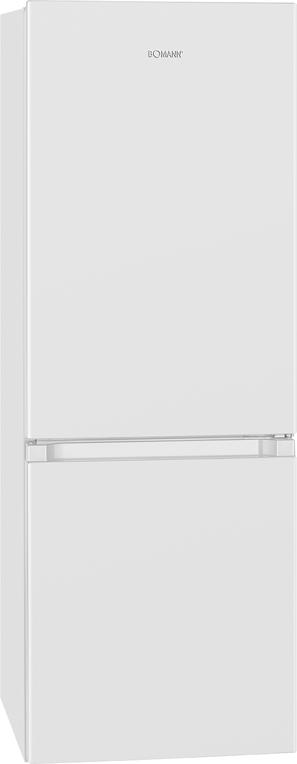 Ein weißer Kühlschrank mit Gefrierfach unten und einem BOmanN-Logo oben.