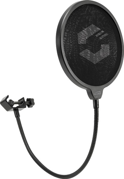 Schwarzer Mikrofon-Pop-Filter mit flexiblem Schwanenhals und Klemme.