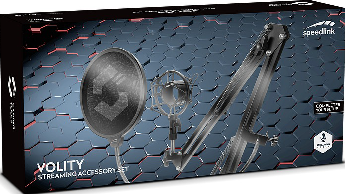 Schwarze Box mit Mikrofon, Filter und Arm. Speedlink Volity Streaming-Set.