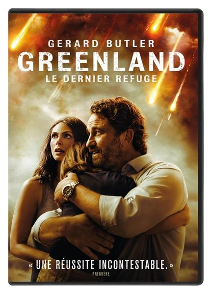 Affiche du film 'Greenland'. Gerard Butler enlace une femme et un enfant. Météores tombent en arrière-plan.