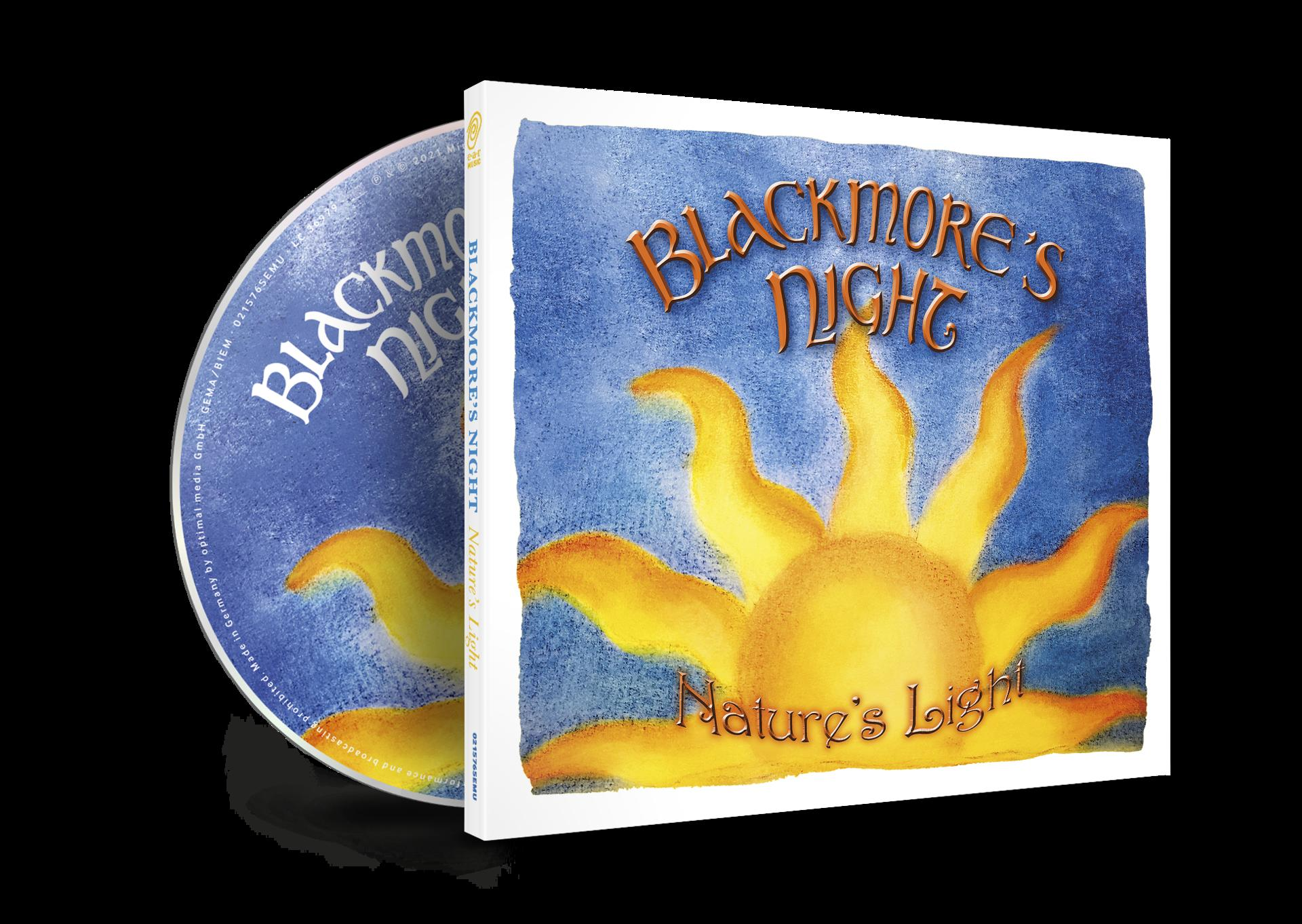 CD mit Albumcover für Blackmore's Night's 'Nature's Light' mit Sonnenillustration.