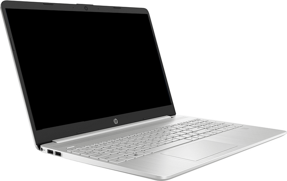 Una computadora portátil plateada con una pantalla negra se muestra en ángulo sobre una superficie blanca.