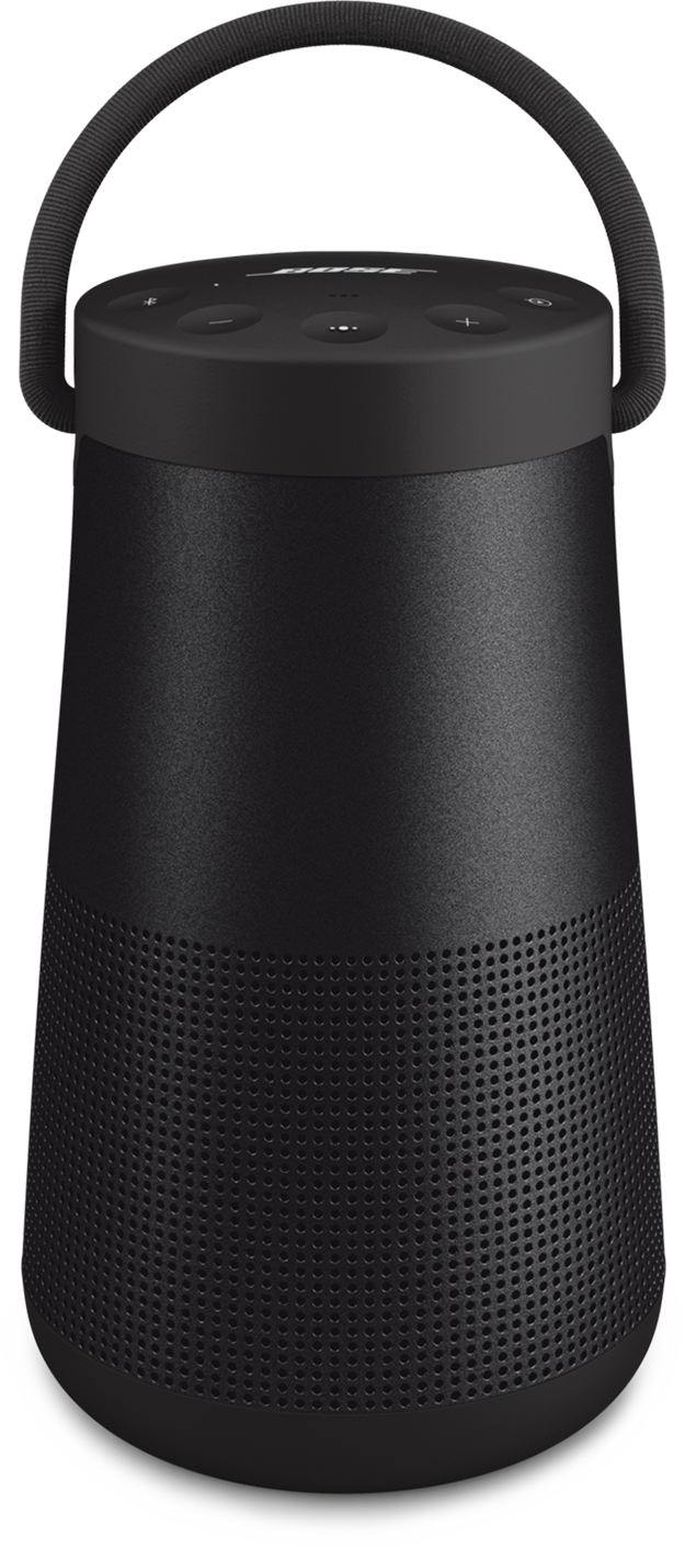 Black Bose portable speaker with a handle, cylindrical shape, and a speaker grille at the bottom.