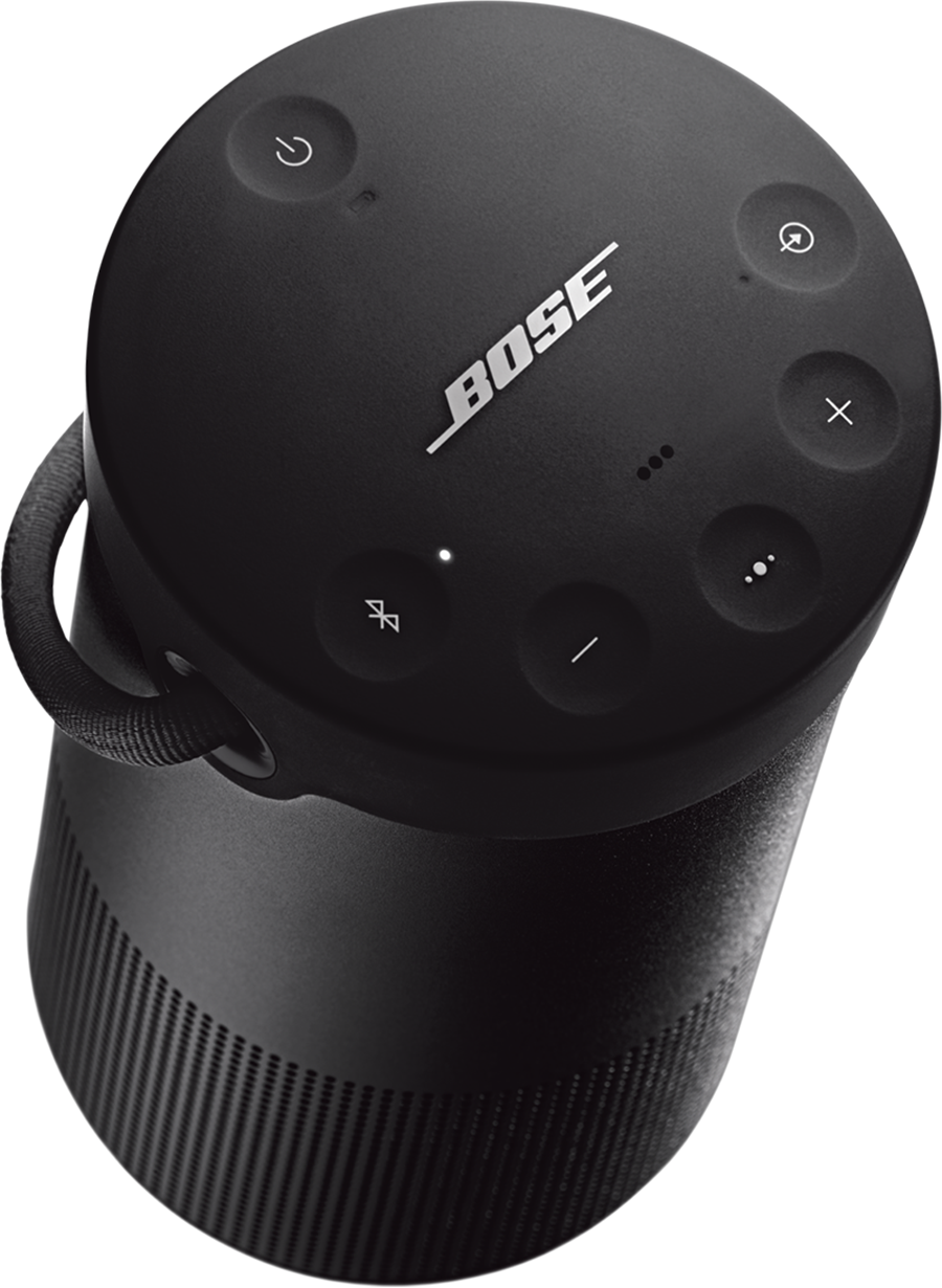 A black Bose speaker with buttons and a loop for a strap.