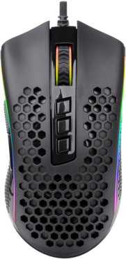 Fekete, méhsejtmintás gamer egér három gombbal. RGB világítással rendelkezik. A háttér fekete.