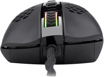 Fekete gaming egér méhsejtmintával és RGB görgetőkerékkel. Vezetékes, fekete kábel.