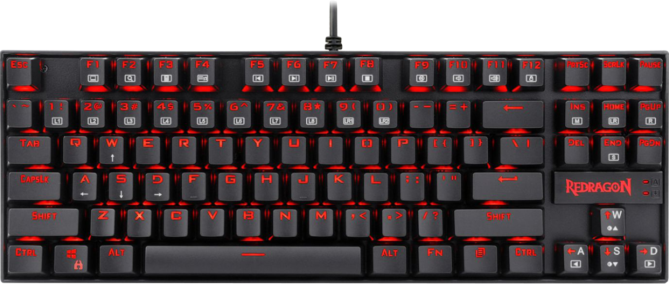 Fekete mechanikus billentyűzet piros háttérvilágítású billentyűkkel. Látható a Redragon márka.
