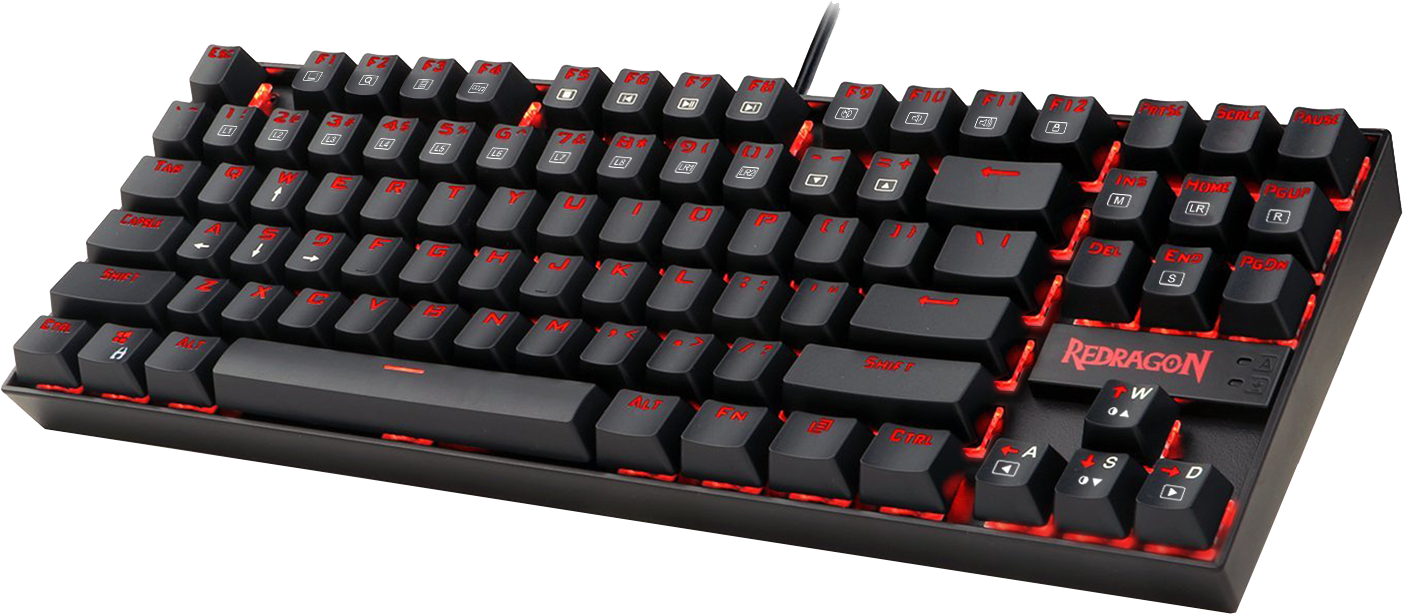 Fekete Redragon mechanikus billentyűzet piros háttérvilágítással, a gombok láthatók.