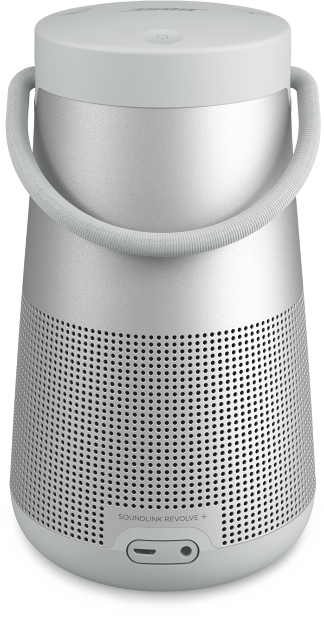 A silver and white cylindrical speaker. White background.