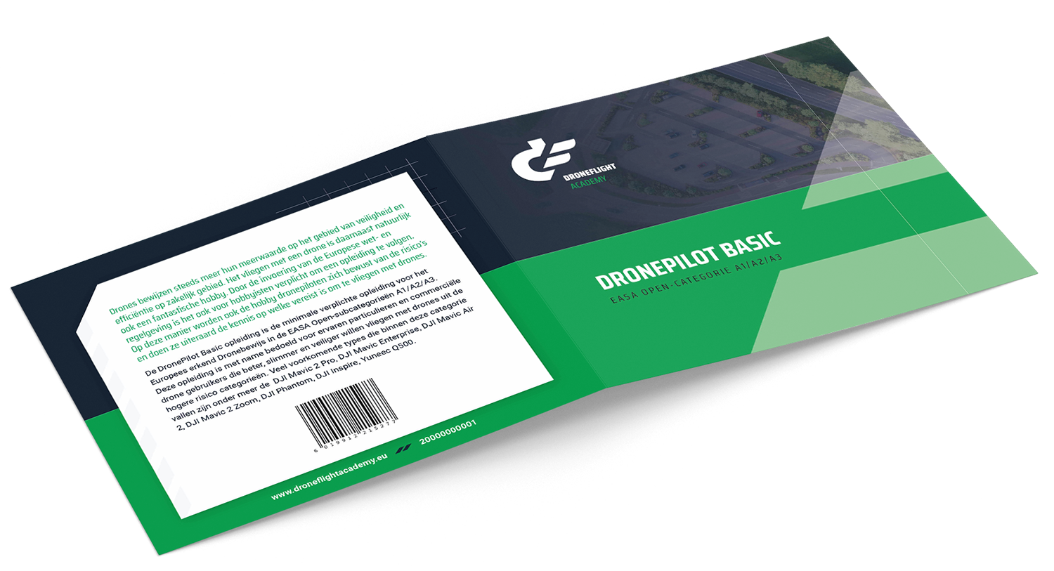 Brochure spread open, green and white design, text on the left, aerial view image on the right.