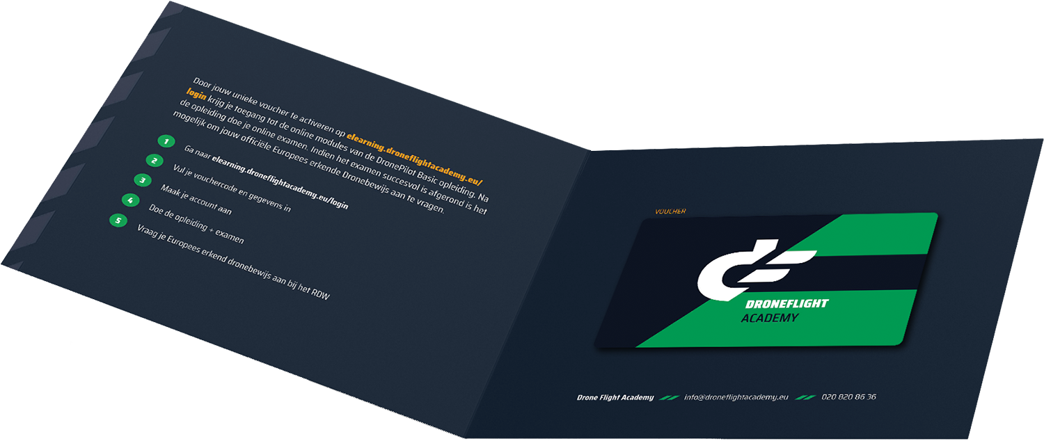 A folded card with a DroneFlight Academy logo and text.