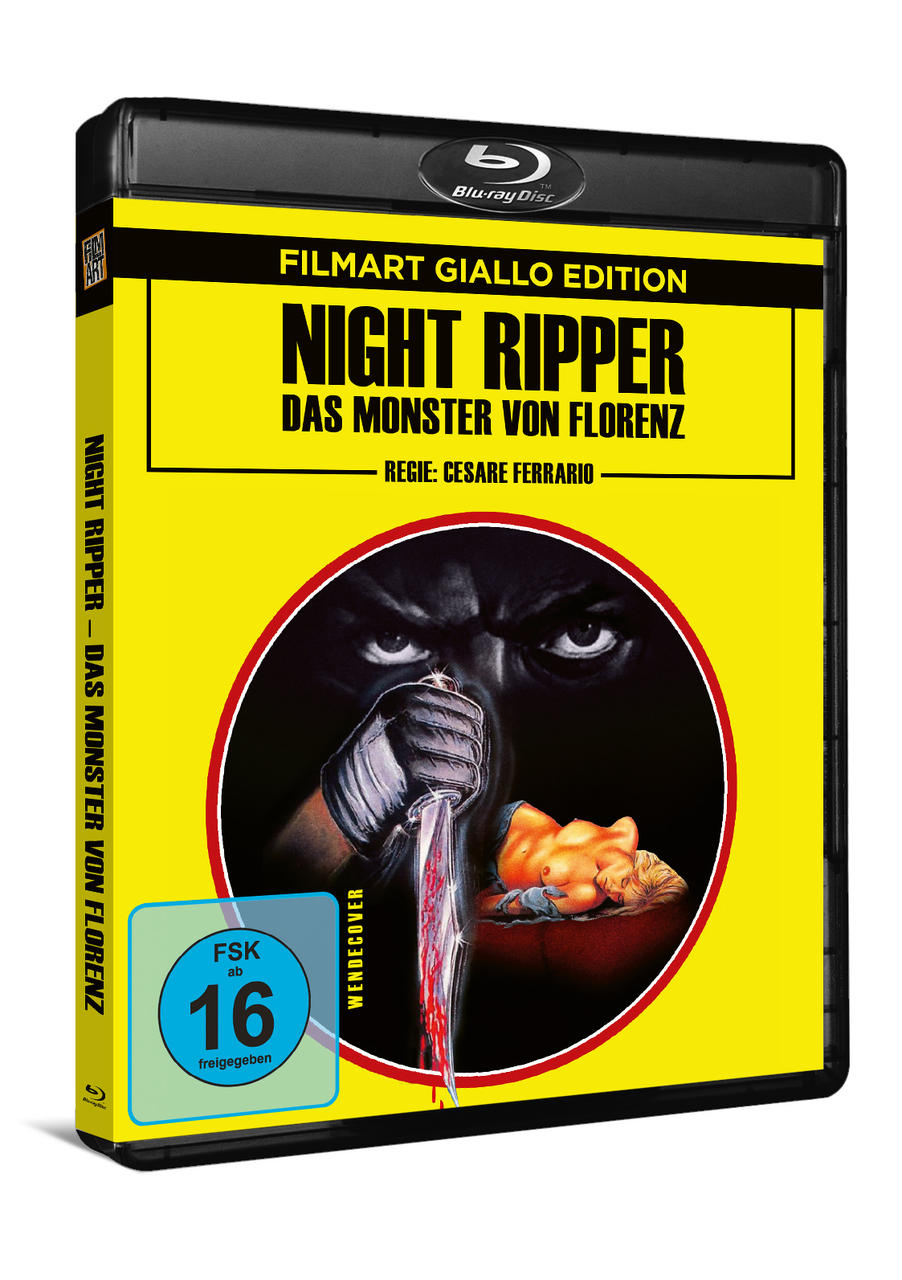 Blu-ray-Box-Art. Gelber Hintergrund, schwarze Figur hält Messer. Filmtitel: Night Ripper.