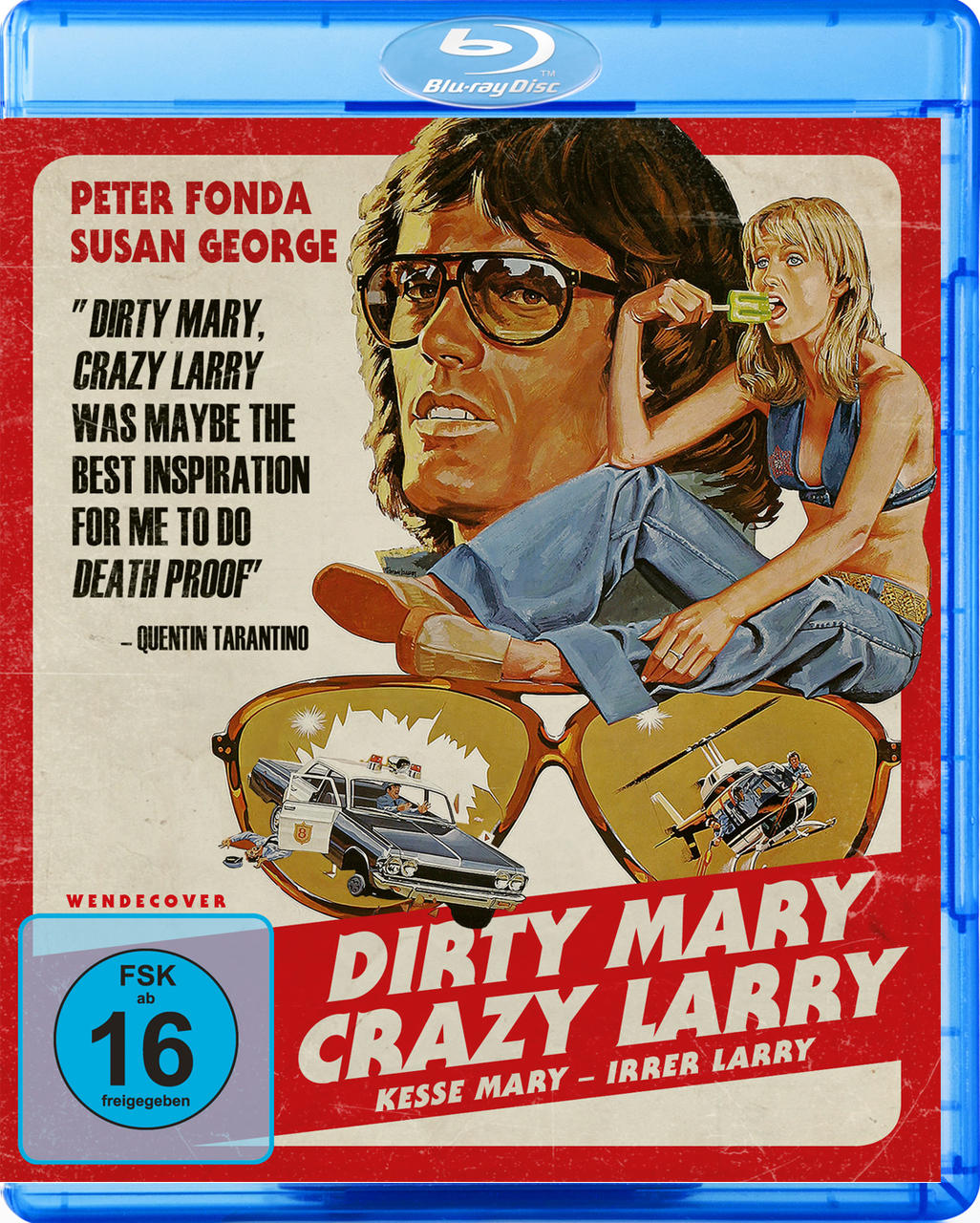 Blu-ray-Cover, Dirty Mary, Crazy Larry. Peter Fonda und Susan George im Bild. Ein Auto und ein Hubschrauber.