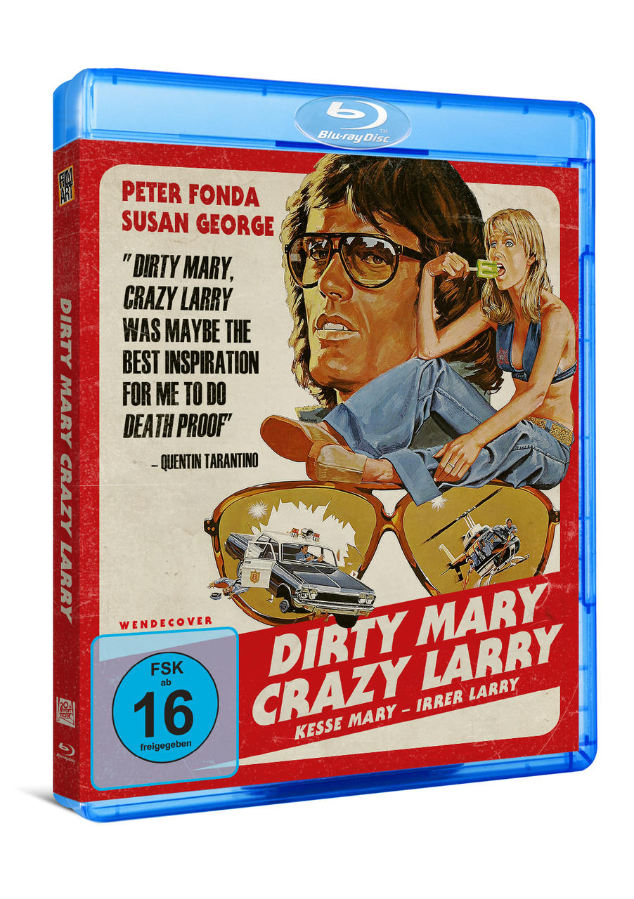 Blu-ray-Filmhülle von 'Dirty Mary Crazy Larry' mit Mann mit Sonnenbrille und Frau.