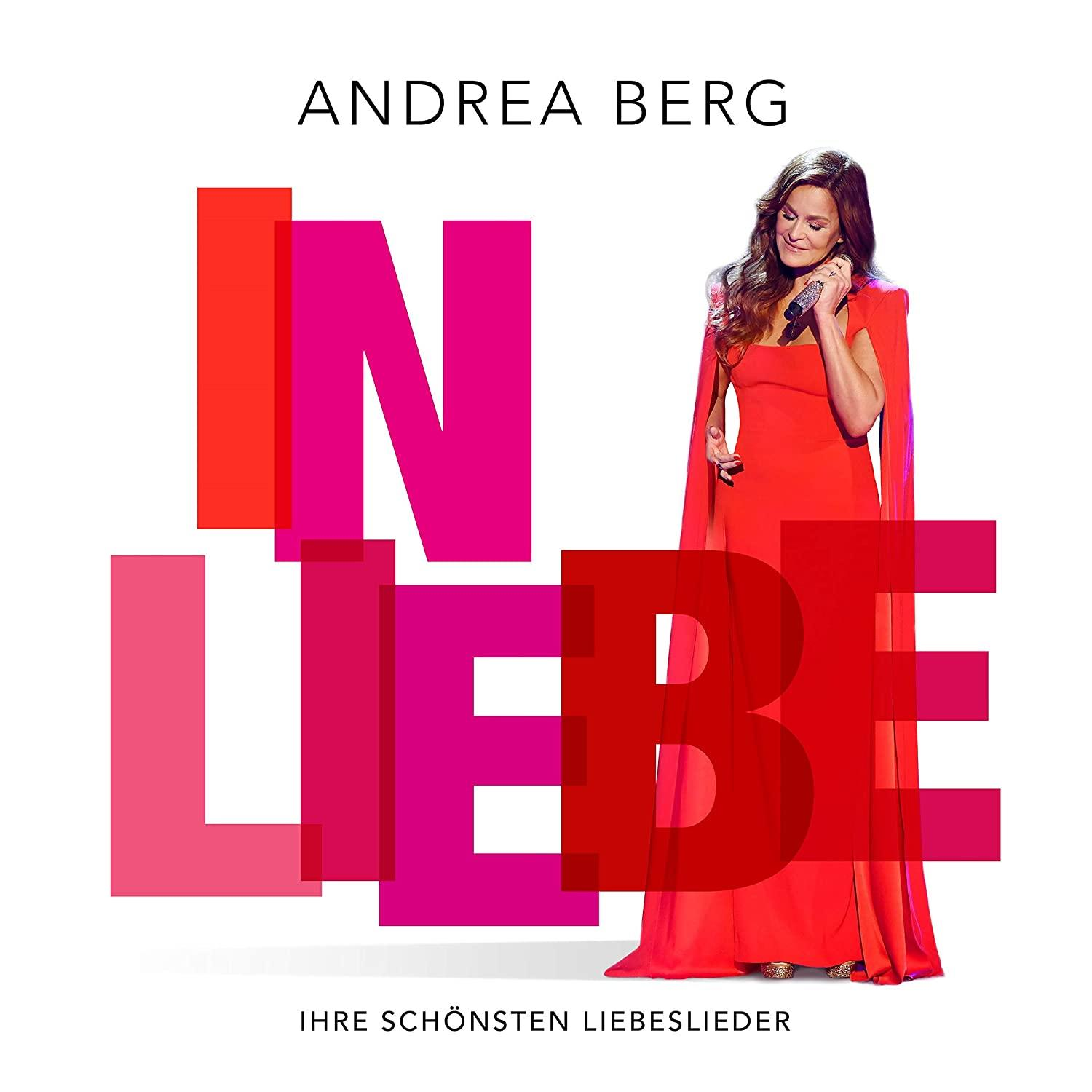 Albumcover mit Andrea Berg in rotem Kleid mit Mikrofon. Großer IN LIEBE-Text.