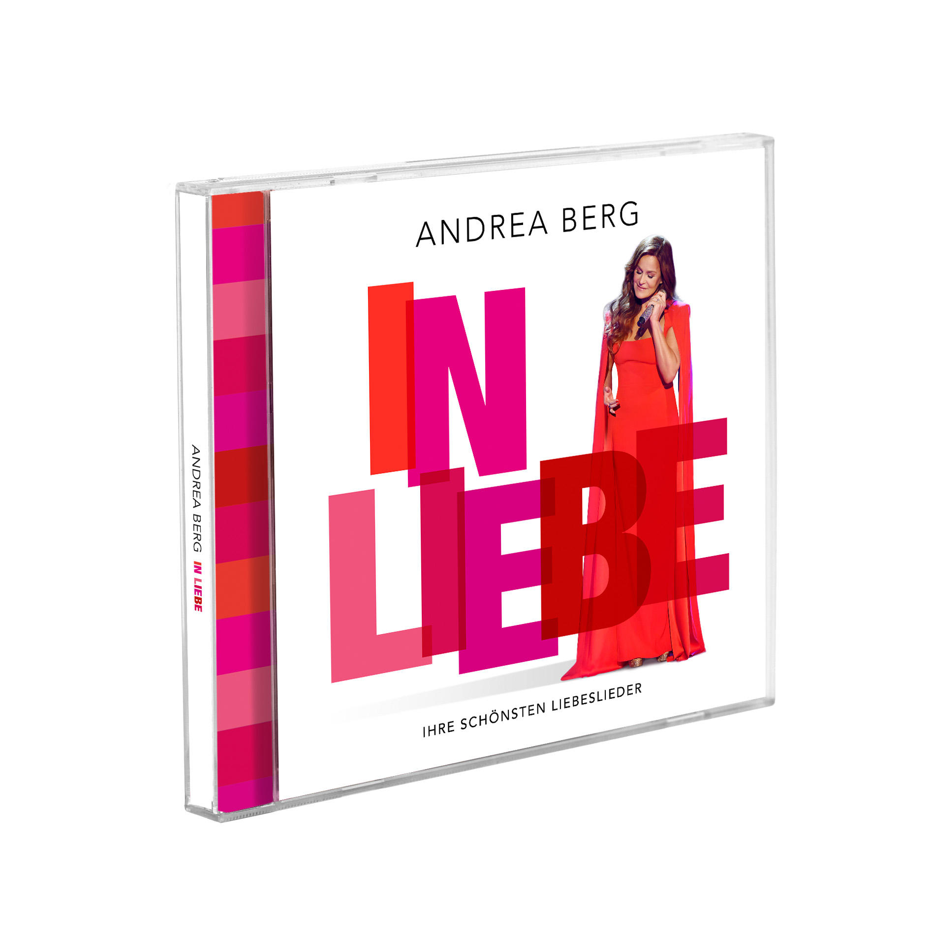 CD-Cover von Andrea Bergs Album 'In Liebe'. Zeigt eine Frau in rotem Kleid, große pinkfarbene Buchstaben.