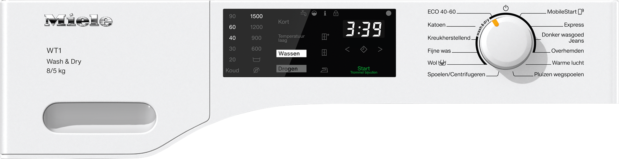 Wit Miele wasmachine bedieningspaneel. Het heeft een display en een draaiknop. Knoppen zijn zichtbaar.