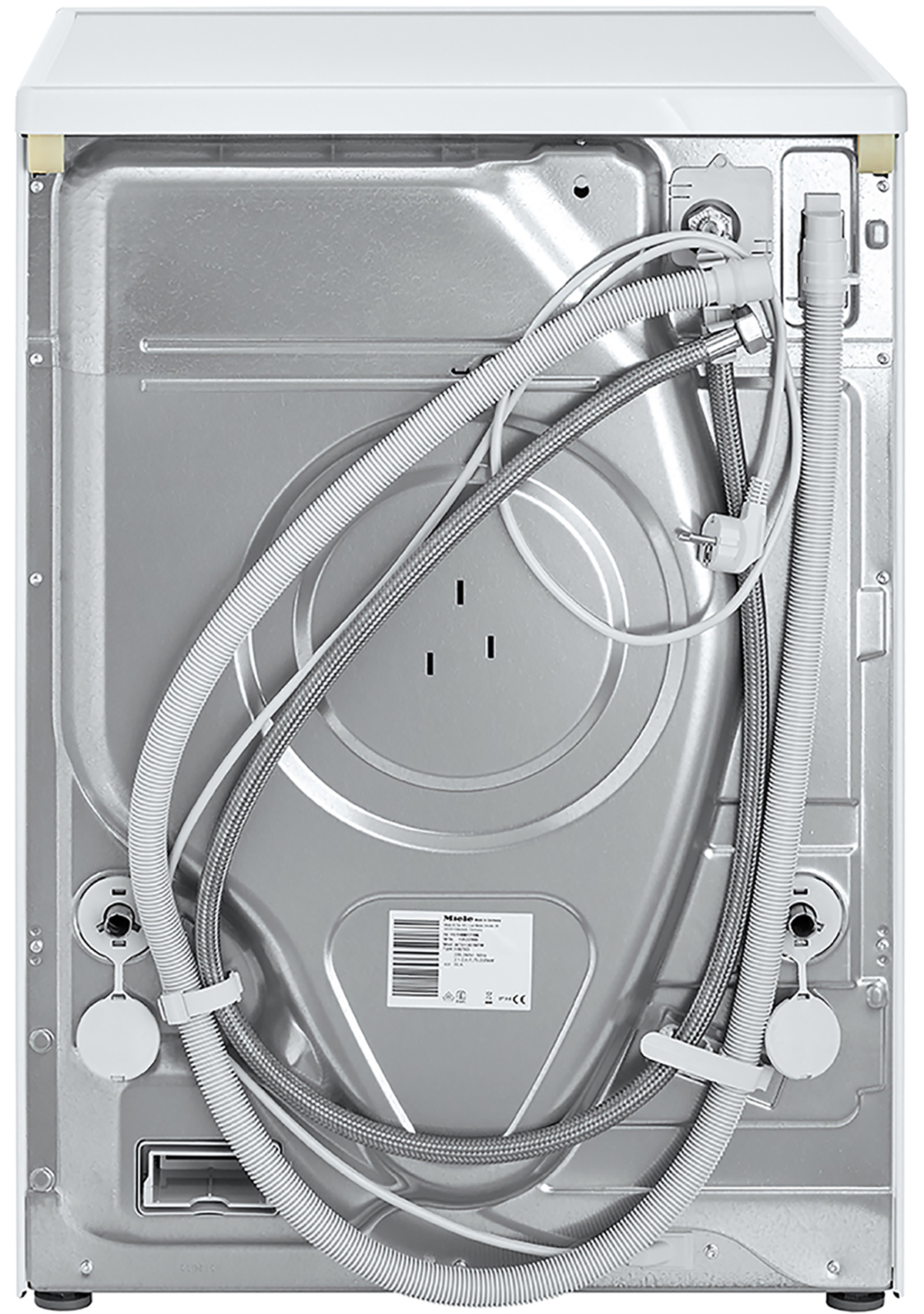 Achterkant van een wasmachine. Toont buizen, kabels en metalen paneel. Wit boven.