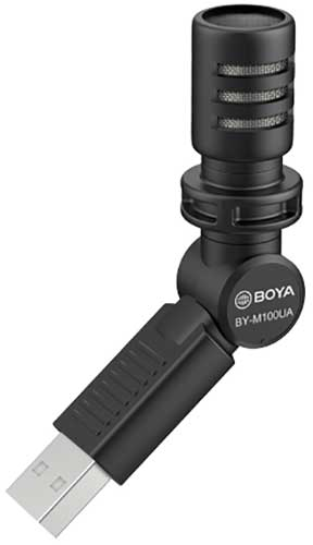 Een zwarte USB-microfoon met een standaard en een USB-connector.