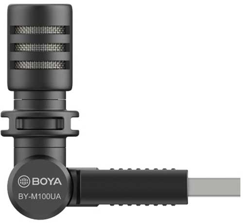 Zwarte microfoon met een USB-C-connector. BOYA merk.