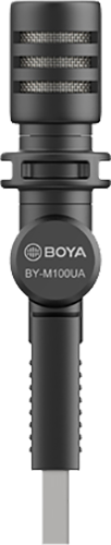 Zwarte microfoon met het 'BOYA' logo. De microfoon is cilindrisch met een USB-C aansluiting.