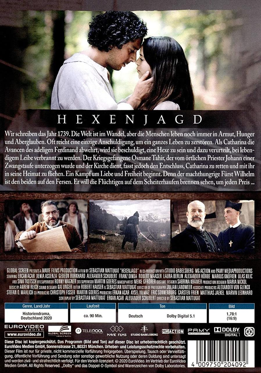 DVD-Cover für 'Hexenjagd' mit zwei Personen, die sich umarmen. Text und Credits sind vorhanden. Rückseite der DVD wird gezeigt.