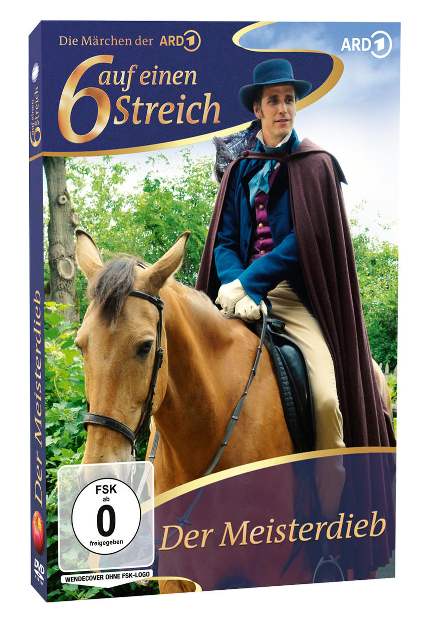 DVD-Cover von "6 auf einen Streich" mit einem Mann auf einem Pferd. Enthält eine DVD-Hülle und ein Logo.
