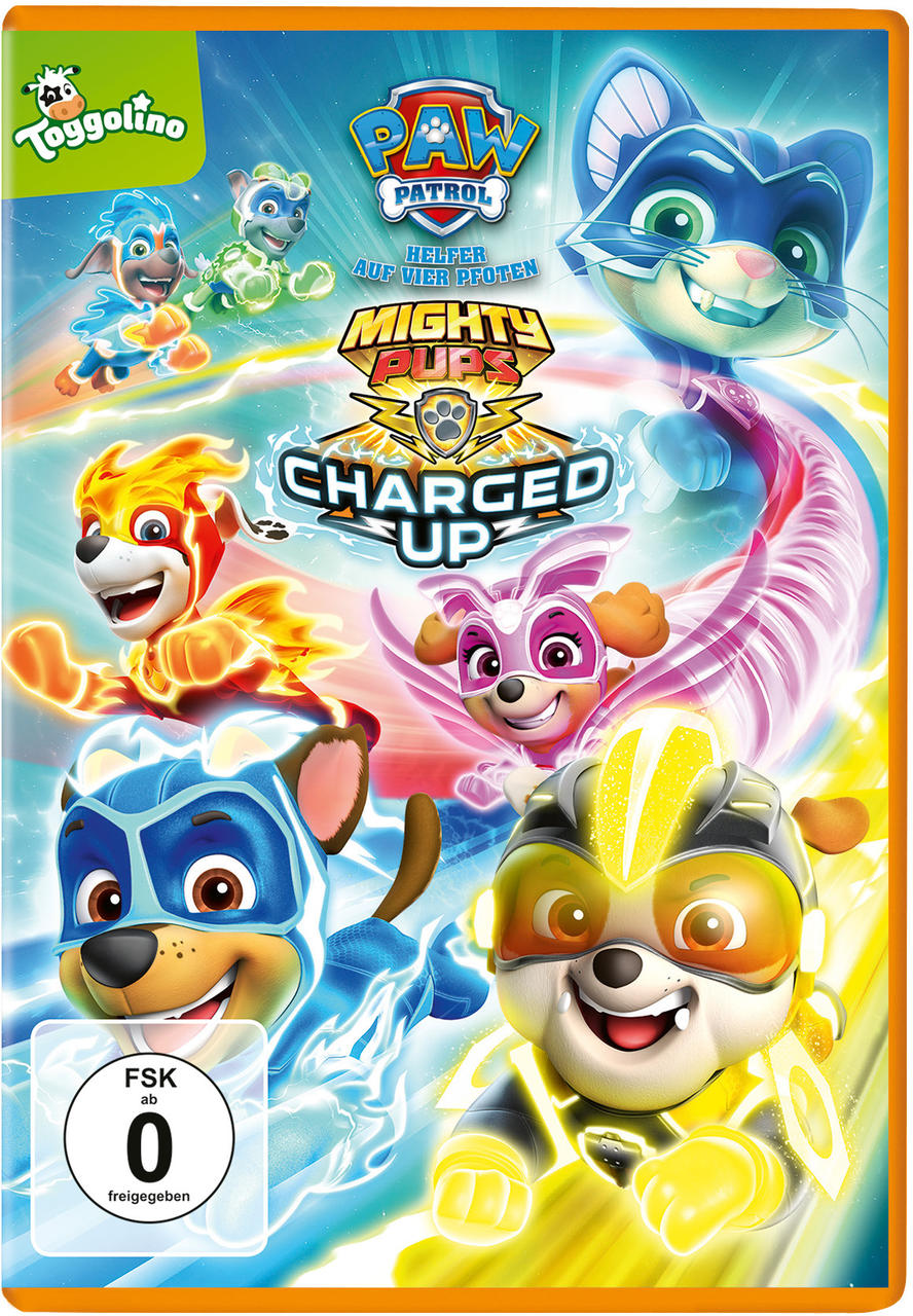 DVD-Cover von 'Paw Patrol: Mighty Pups Charged Up'. Cartoon-Welpen mit Superkräften, leuchtende Farben.