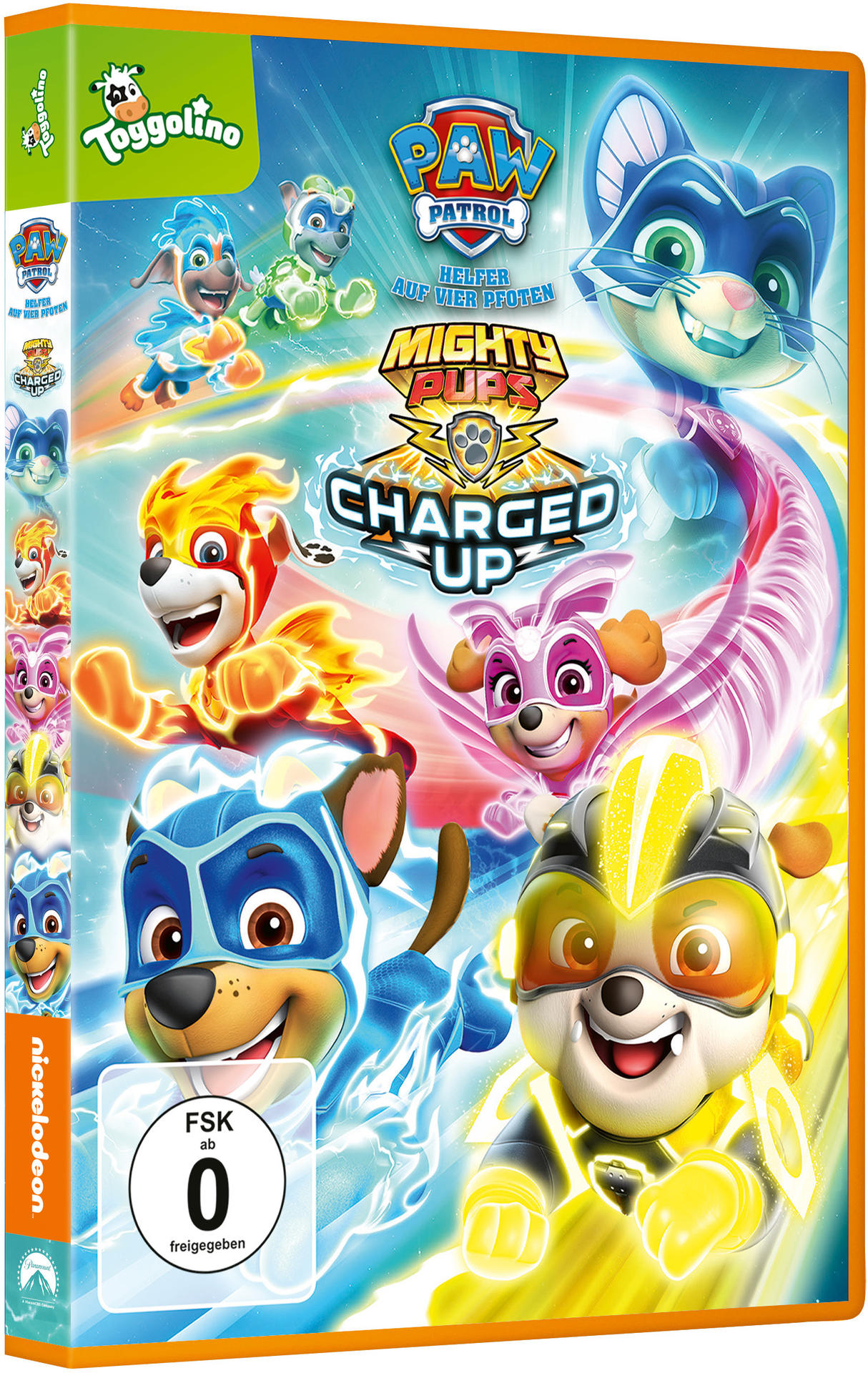 Paw Patrol Mighty Pups Charged Up DVD-Cover. Zeichentrickhunde in Superhelden-Kostümen, farbenfrohes Design.