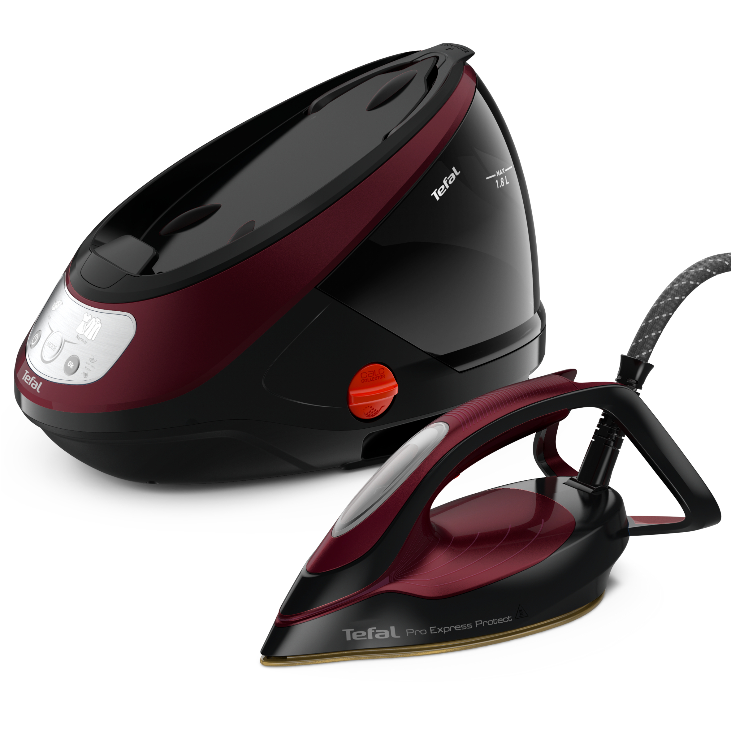 Tefal ütü sistemi, siyah ve bordo. Ütü ve taban gösteriliyor.