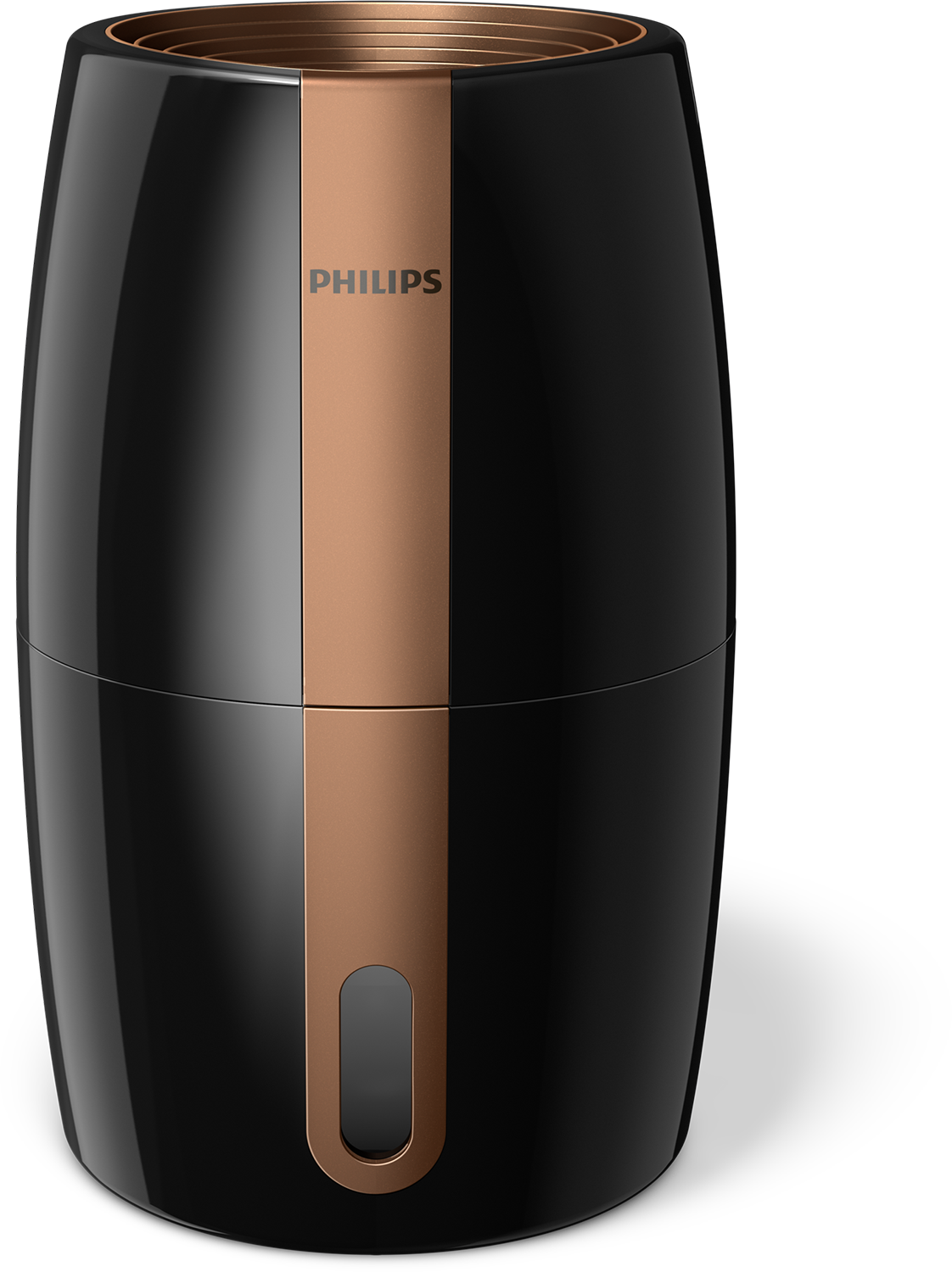 Een zwart en goud cilindrisch apparaat met het woord 'PHILIPS' op de voorkant.